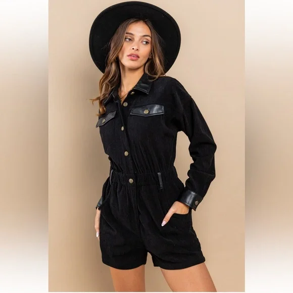 13 Corduroy and PU Mix Elastic Waist Romper - Picture 1 of 6